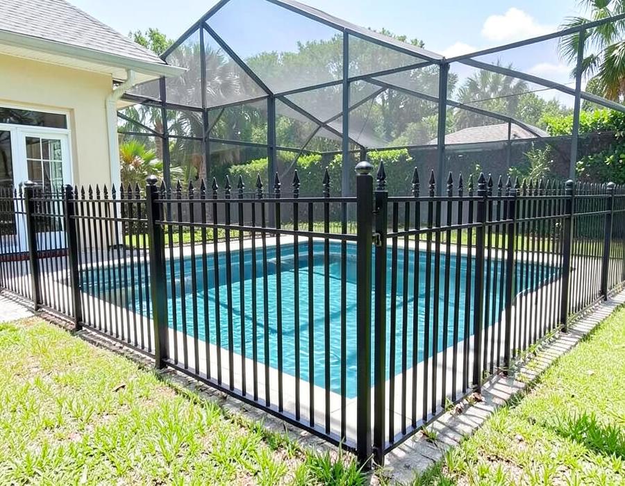 Black aluminum fence around a pool