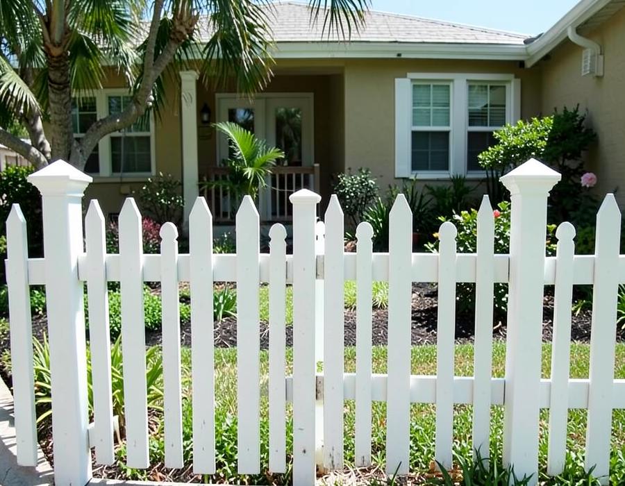 White vinyl picket fence in front of a Florida home