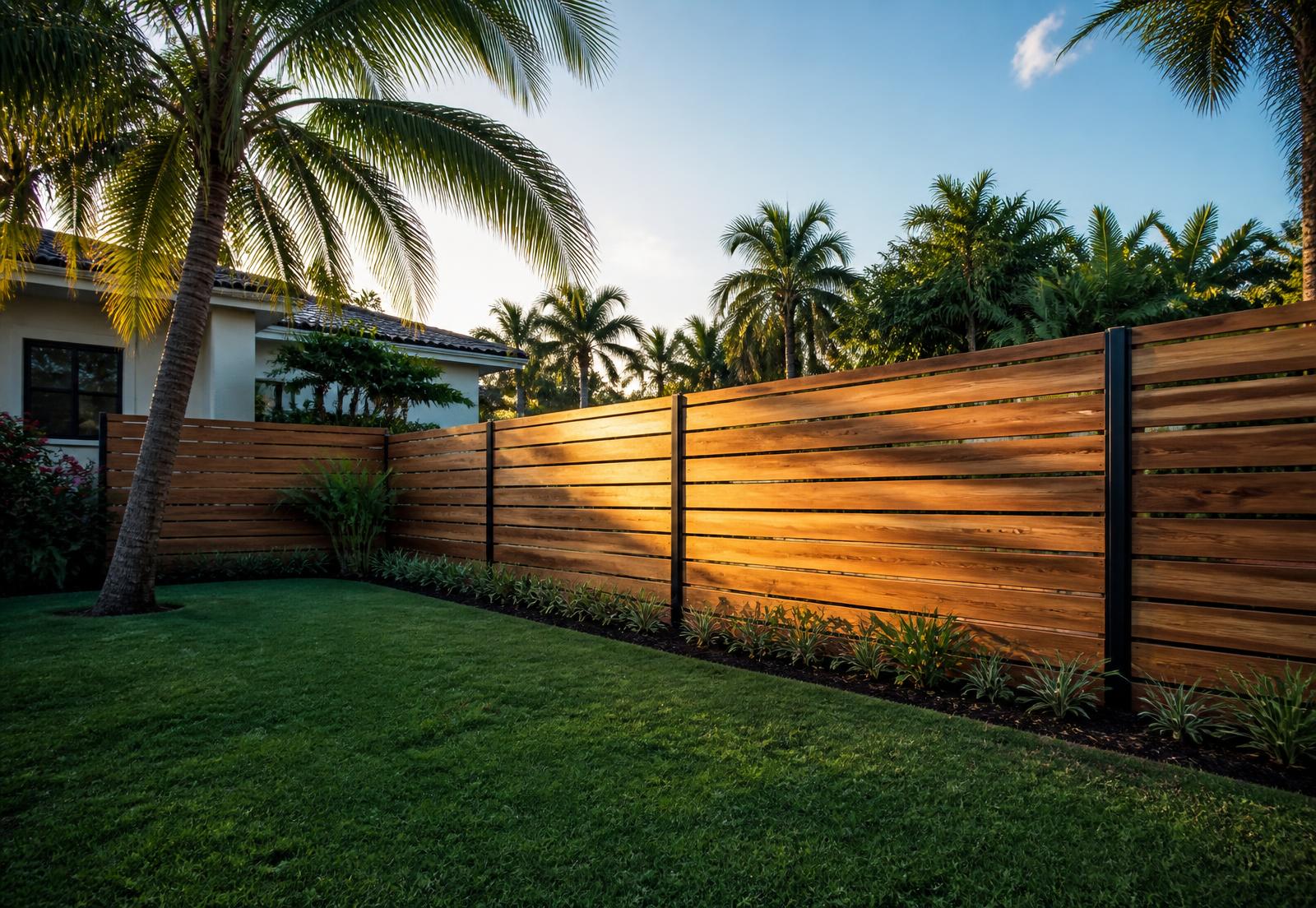 Custom horizontal wood privacy fence installed in a Jacksonville backyard
